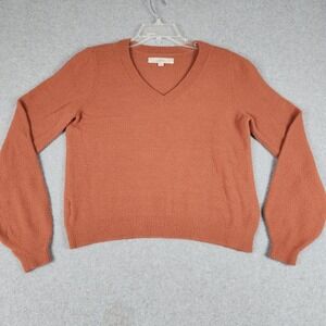 LOFT Sweater Women Small Rust Orange Fuzzy Knit V-Neck Pullover Relaxed Casual